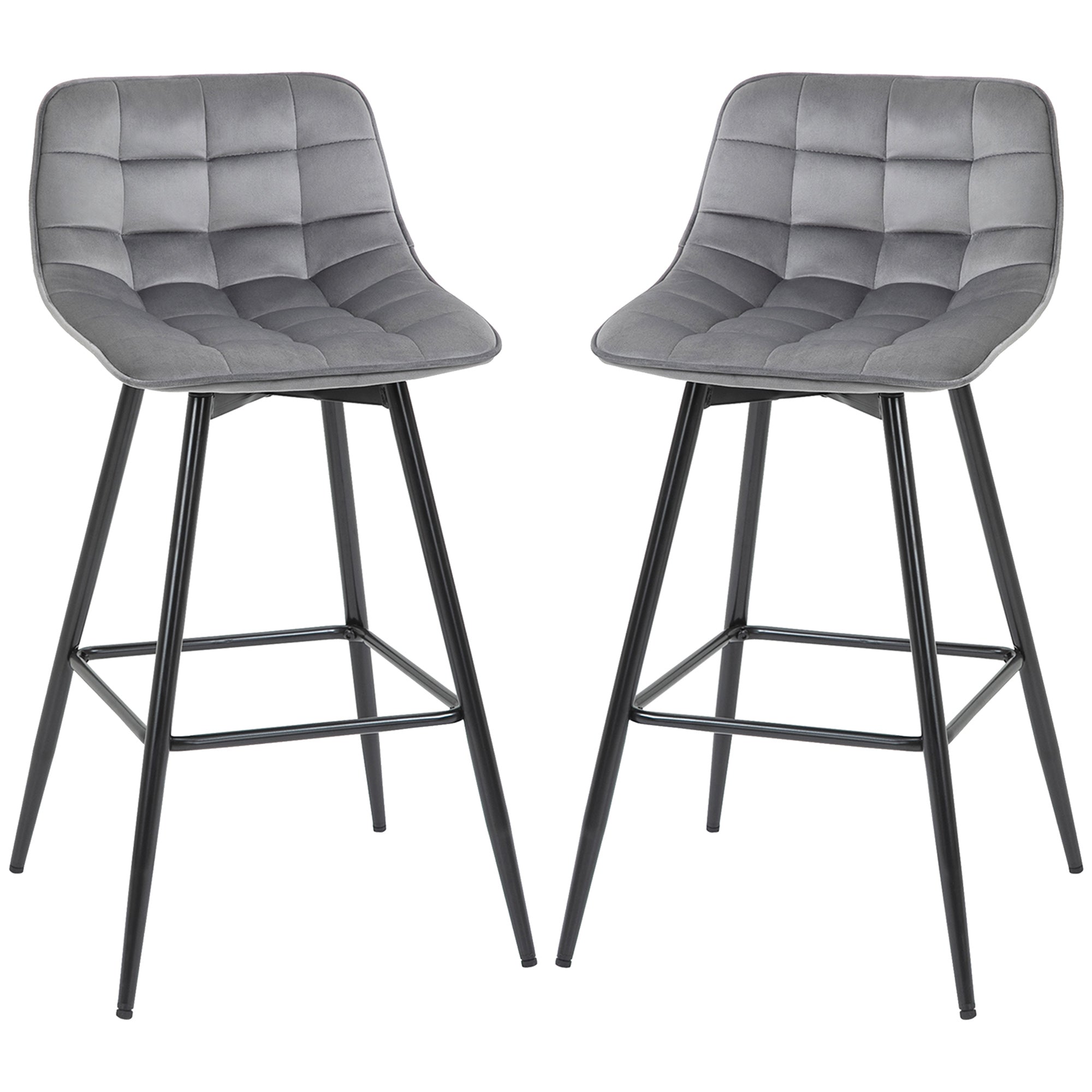 Set of 2 Bar stools With Backs Velvet-Touch Dining Chairs Kitchen Counter Chairs  Fabric Upholstered seat with Metal Legs, Backrest, Grey  AOSOM   