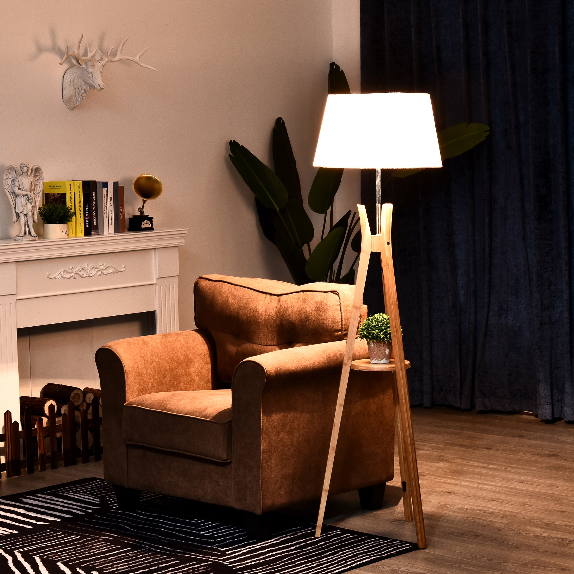 Tripod Floor Lamp Light E27 Base Bedroom Living Room Natural Wooden Fabric Shade Storage Shelf Foot Switch, 156cm, White  AOSOM   