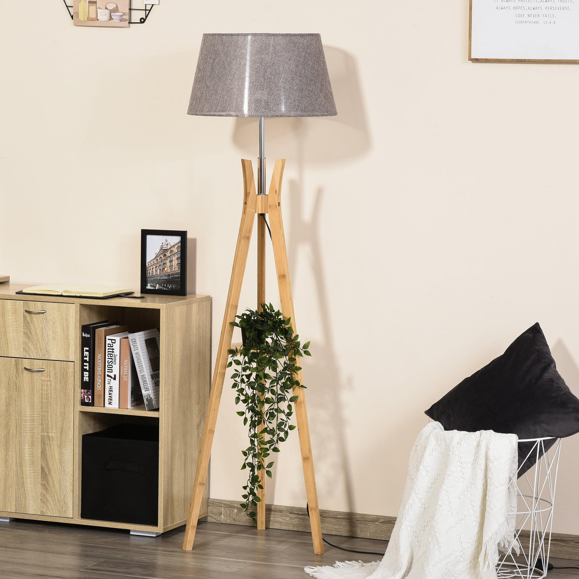 Natural Wood Tripod Floor Lamp Light E27 Base Bedroom Living Room Fabric Shade Storage Shelf Foot Switch, 156cm, Grey  AOSOM   