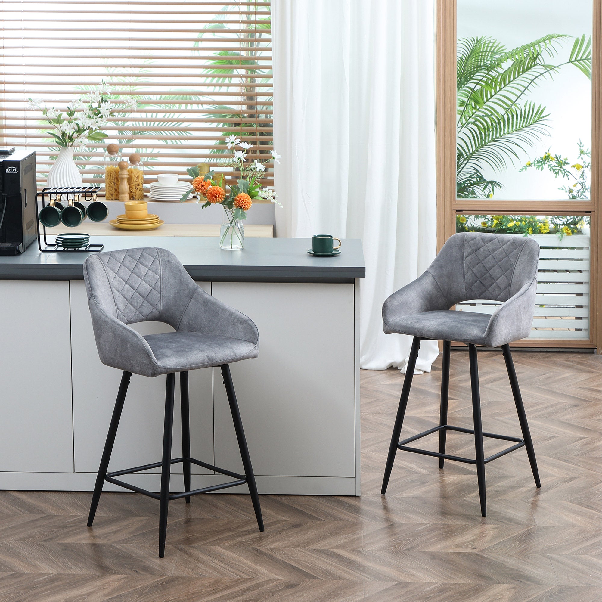 Set of 2 Bar stools With Backs, Velvet-Touch Fabric Counter Height Bar Chairs, Kitchen Stools with Steel Legs for Dining Area, Grey  AOSOM   