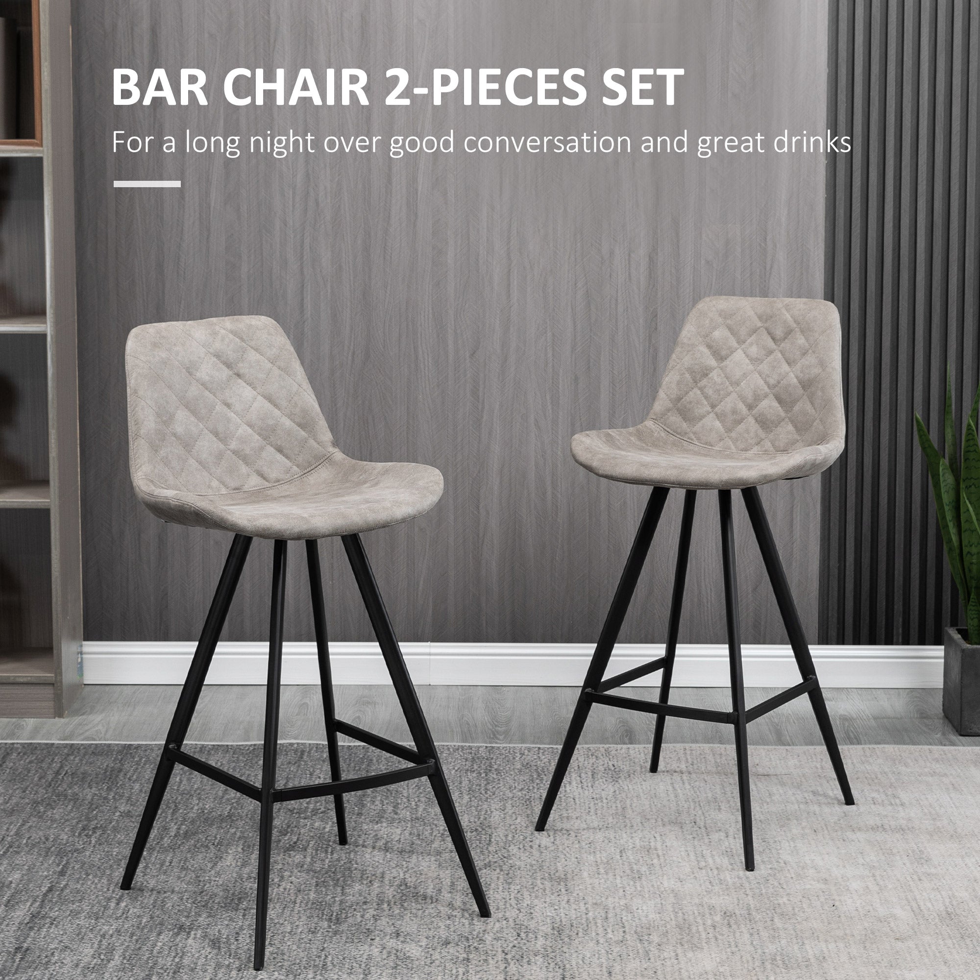 Set Of 2 Bar Stools Vintage Microfiber Cloth Tub Seats Padded Comfortable Steel Frame Footrest Quilted Home Bar Cafe Kitchen Chair Stylish Grey  AOSOM   