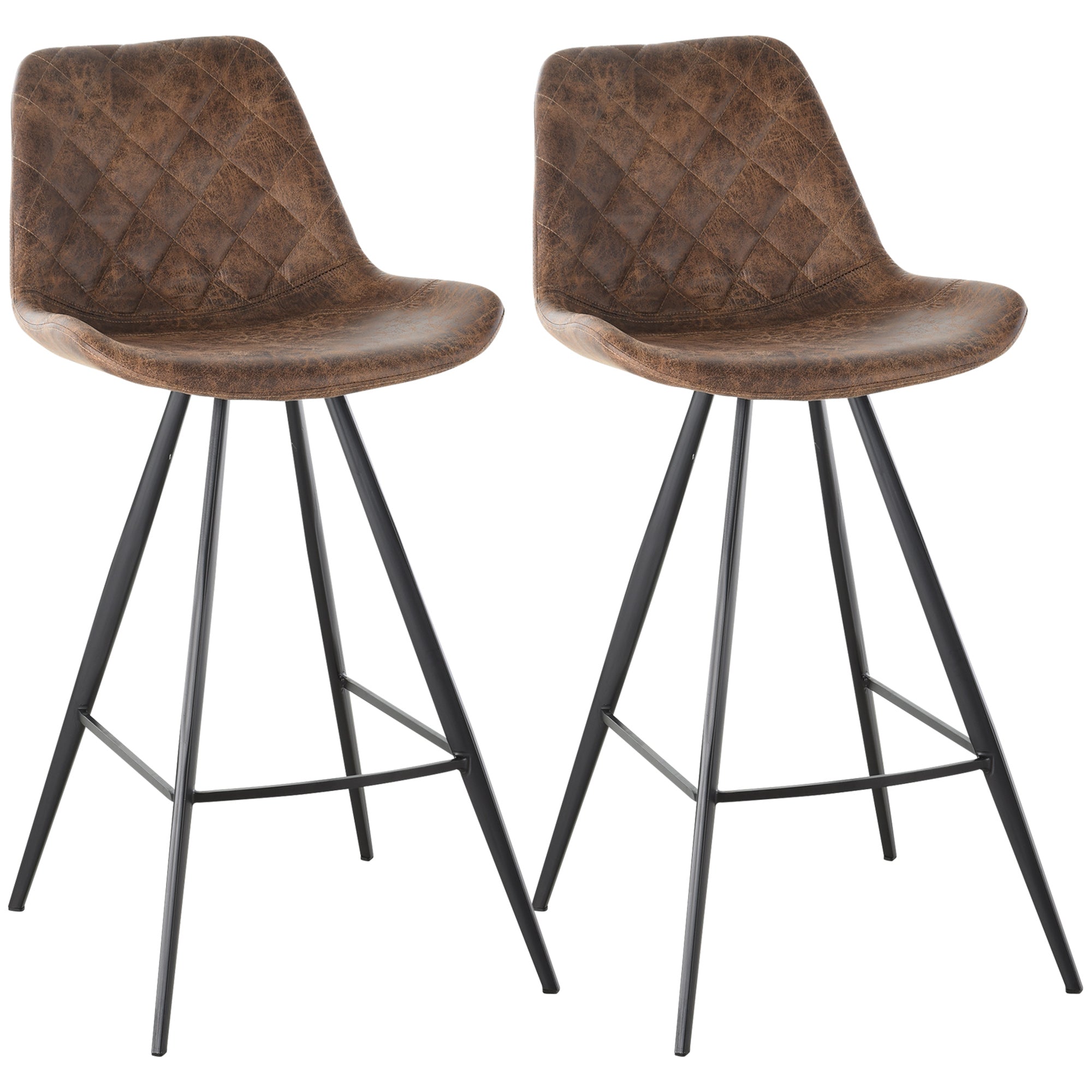 Set Of 2 Bar Stools Vintage Microfiber Cloth Tub Seats Padded Comfortable Steel Frame Footrest Quilted Home Cafe Kitchen Chair Stylish Brown  AOSOM   