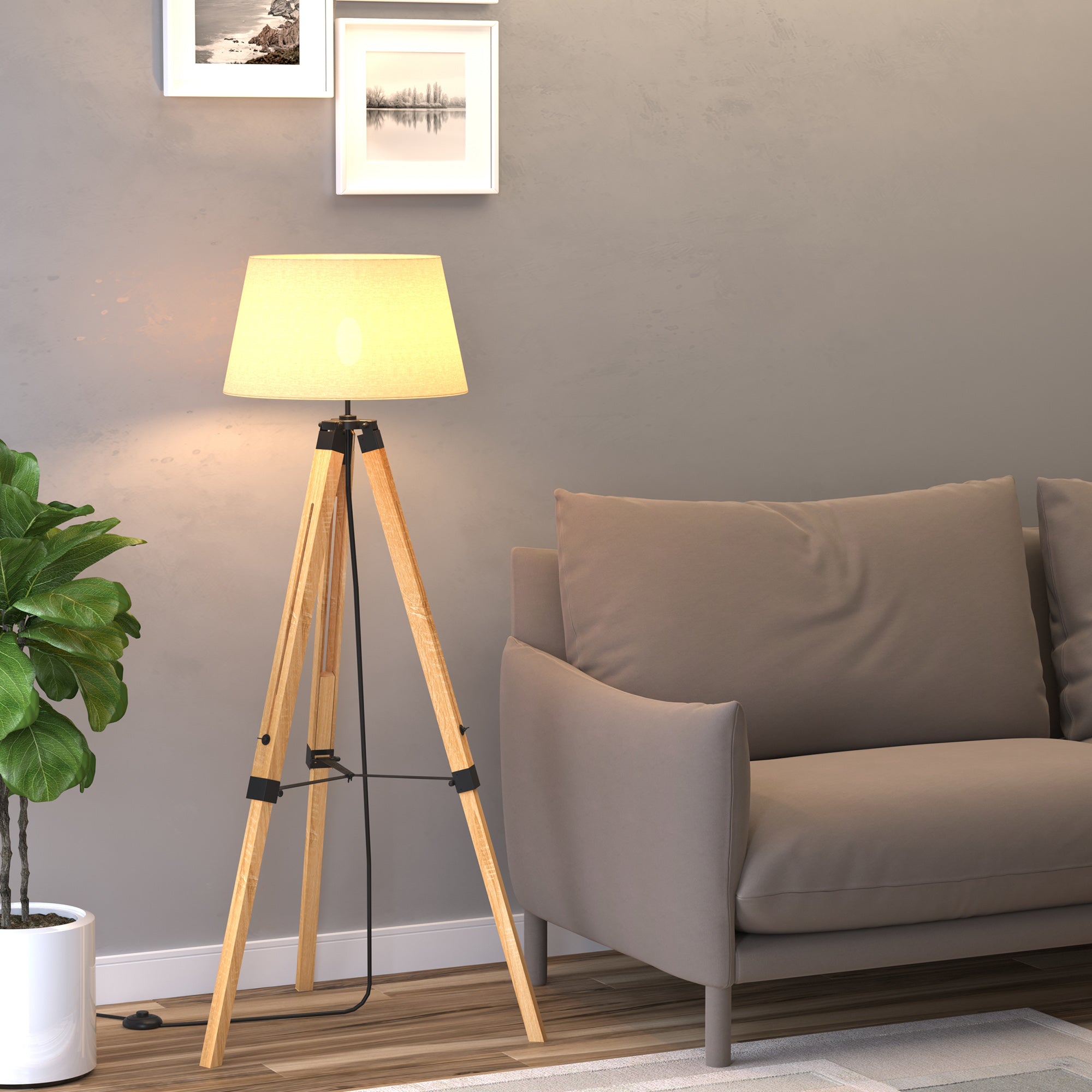 Tripod Floor Lamp Wooden Adjustable Modern Illumination Design E27 Bulb Compatible (Grey Shade) 99-143H  AOSOM   