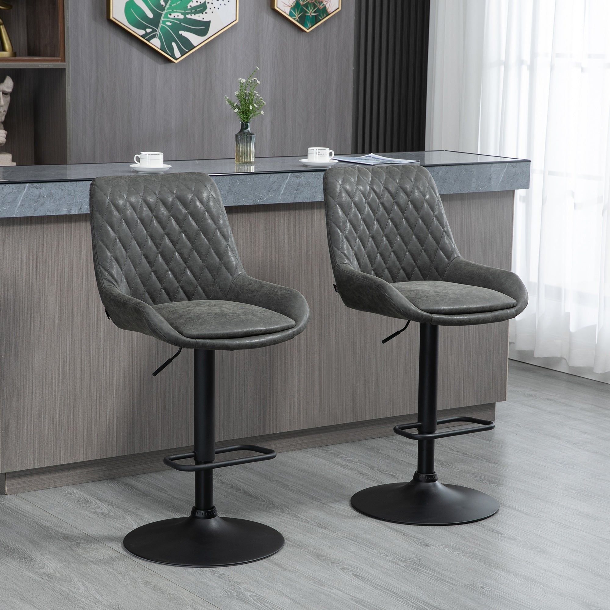 Retro Bar Stools Set of 2, Adjustable Kitchen Stool, Upholstered Bar Chairs with Back, Swivel Seat, Dark Grey  AOSOM   