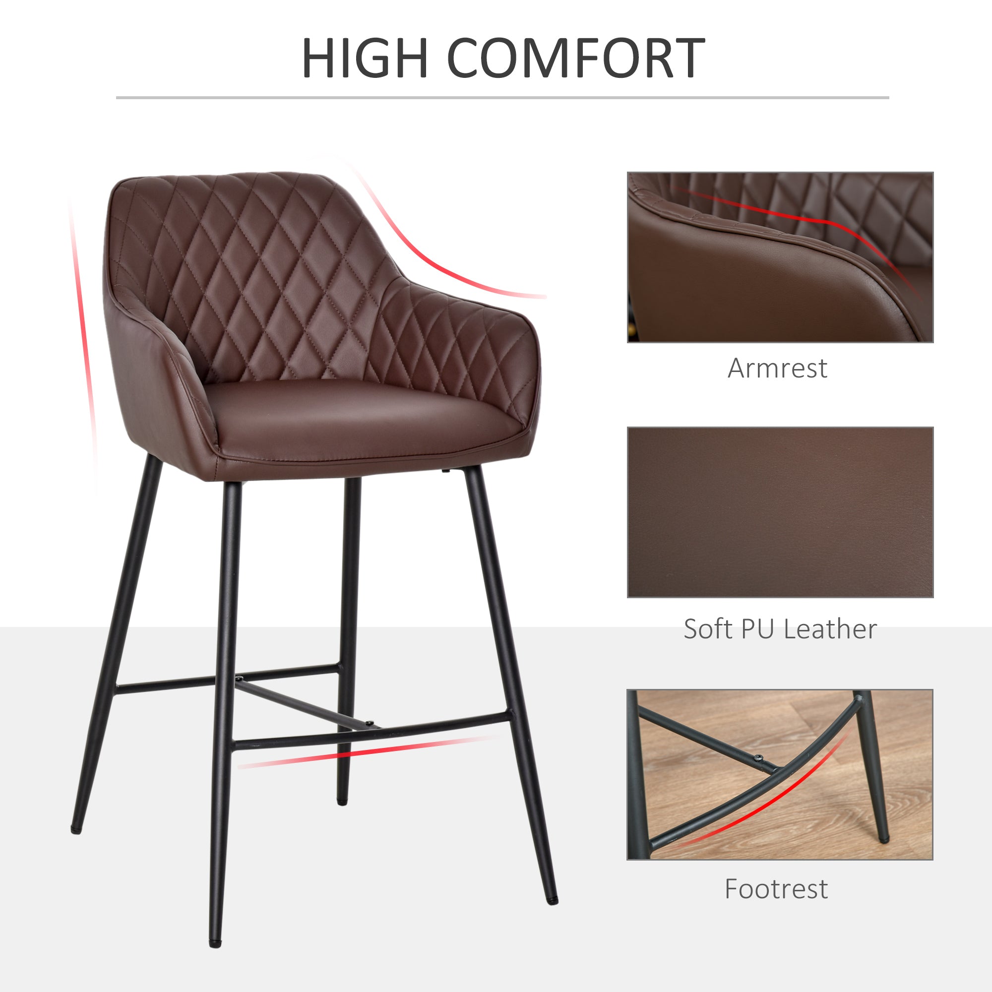 Set of 2 Bar stools With Backs Retro PU Leather Bar Chairs w/ Footrest Metal Frame Comfort Support Stylish Dining Seating Home Brown  AOSOM   