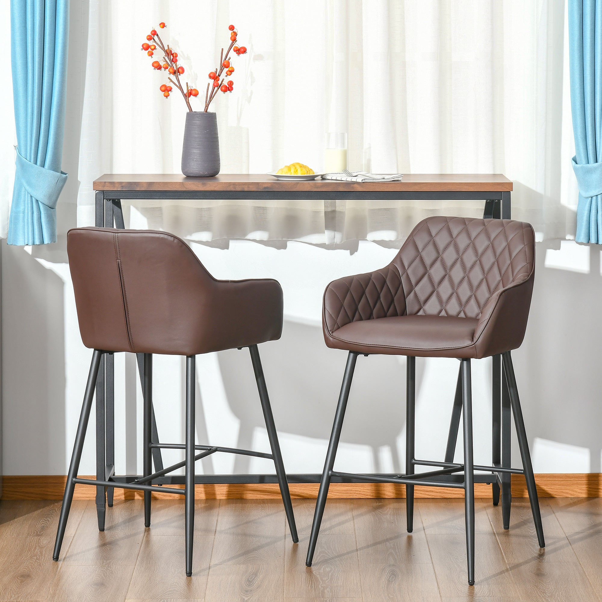 Set of 2 Bar stools With Backs Retro PU Leather Bar Chairs w/ Footrest Metal Frame Comfort Support Stylish Dining Seating Home Brown  AOSOM   