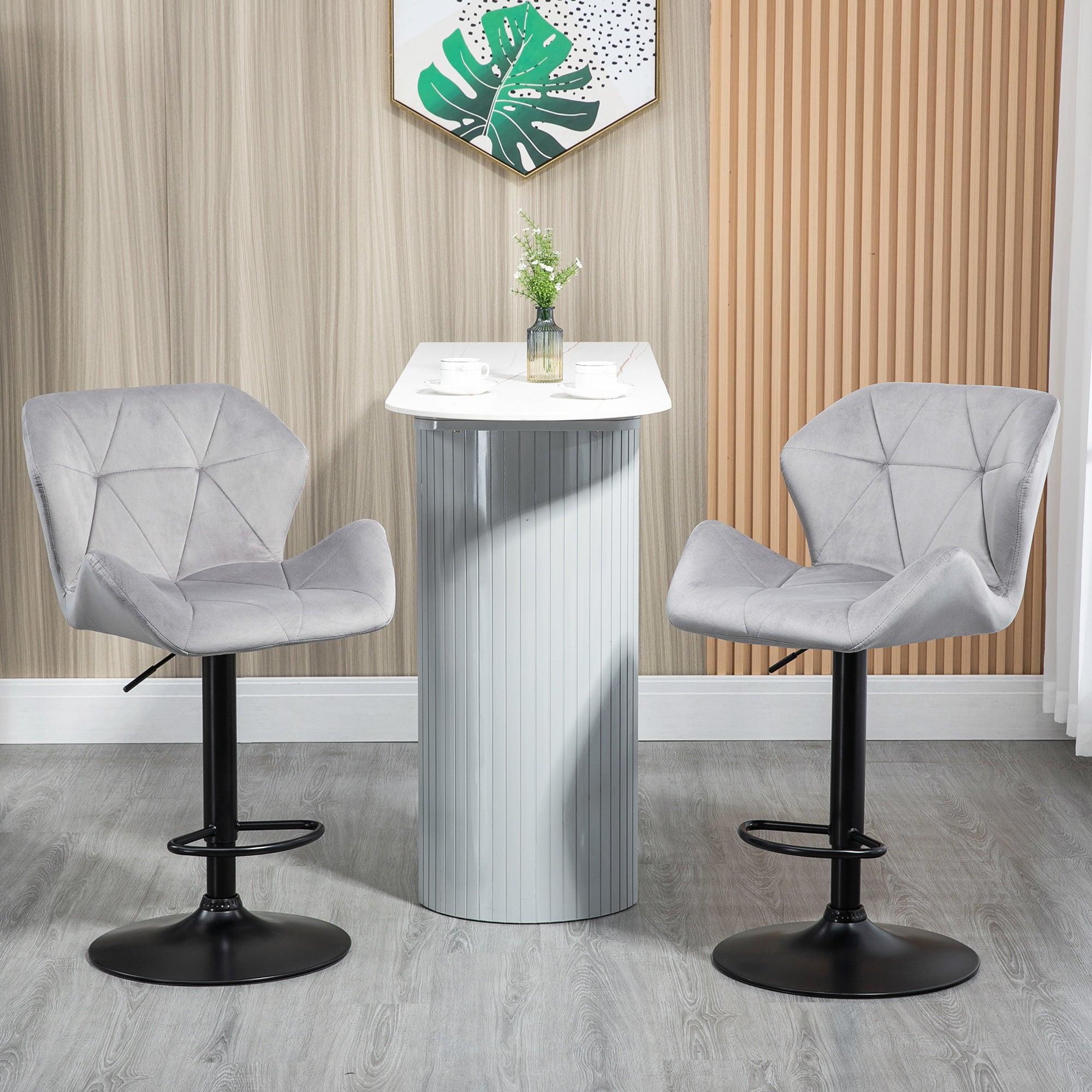 Set Of 2 Bar stools With Backs , Velvet-Touch Barstools w/ Metal Frame Footrest Triangle Indenting Moulded Seat Adjustable Height Swivel Grey  AOSOM   