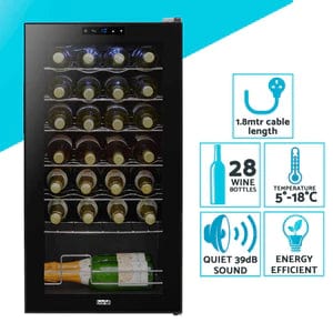 Baridi 28 Bottle Wine Cooler Fridge With Digital Touch Screen Controls & LED Light, Black - DH10  Dellonda   