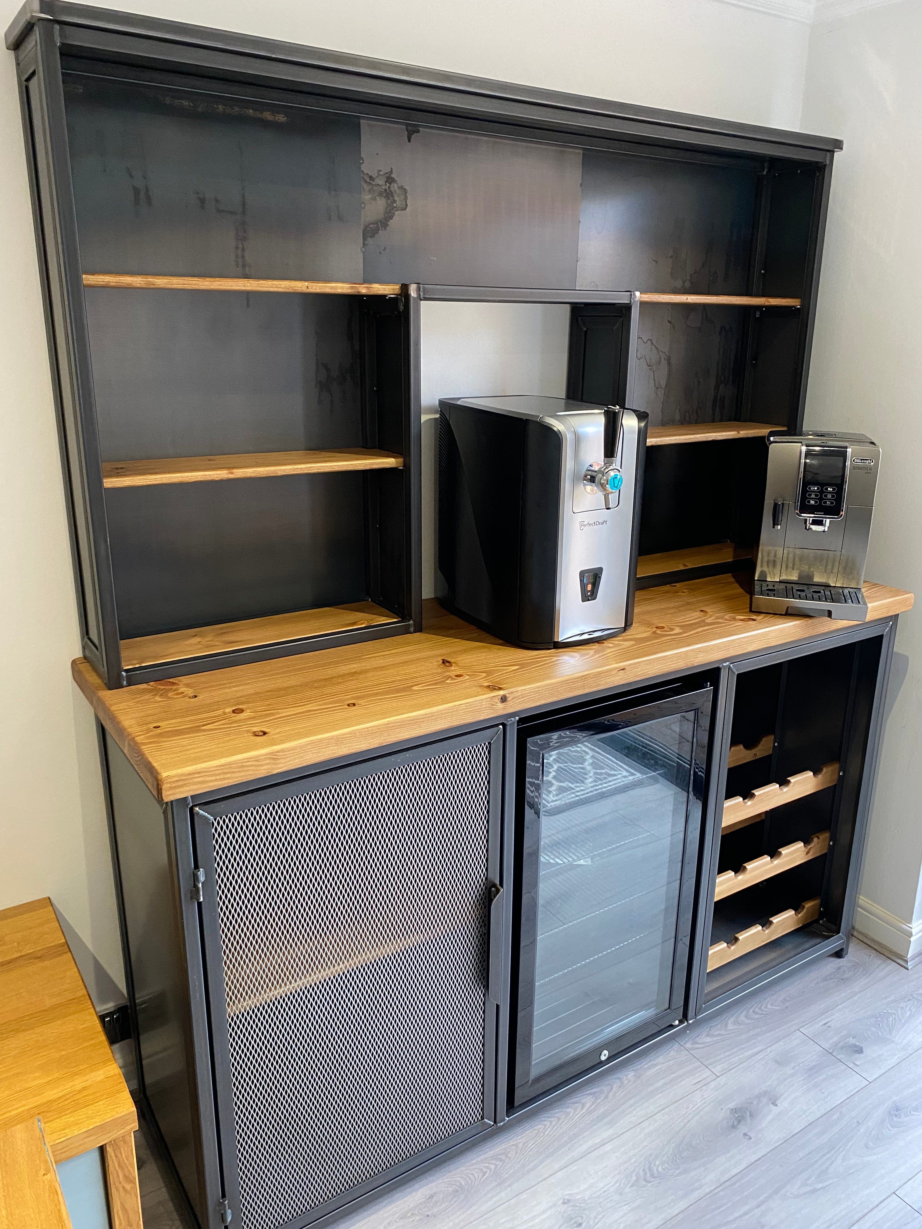 Premium Industrial Home Bar Unit with Beer Cooler and Wine Rack