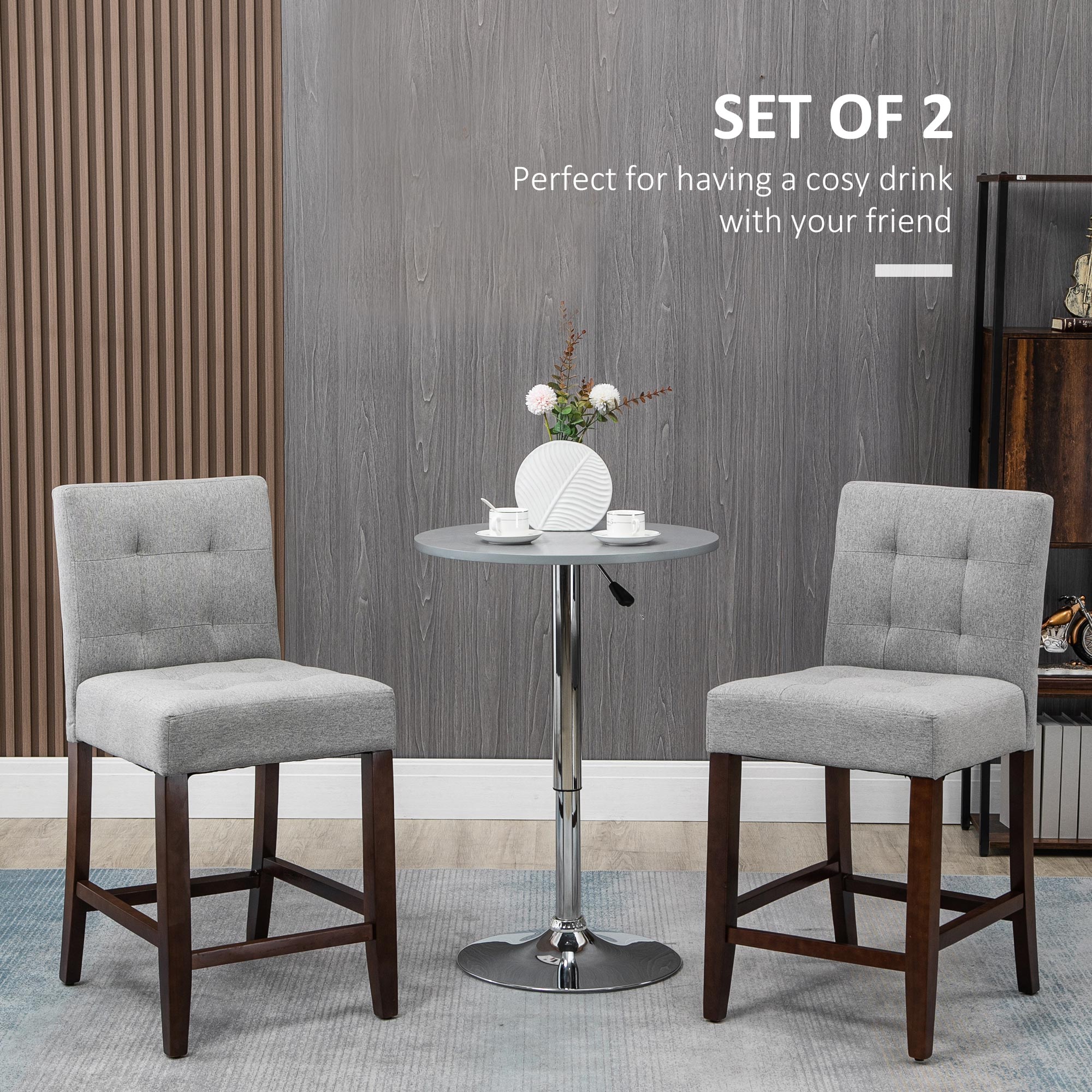 Modern Fabric Bar Stools Set of 2, Thick Padding Kitchen Stool, Bar Chairs with Tufted Back Wood Legs, Grey  AOSOM   