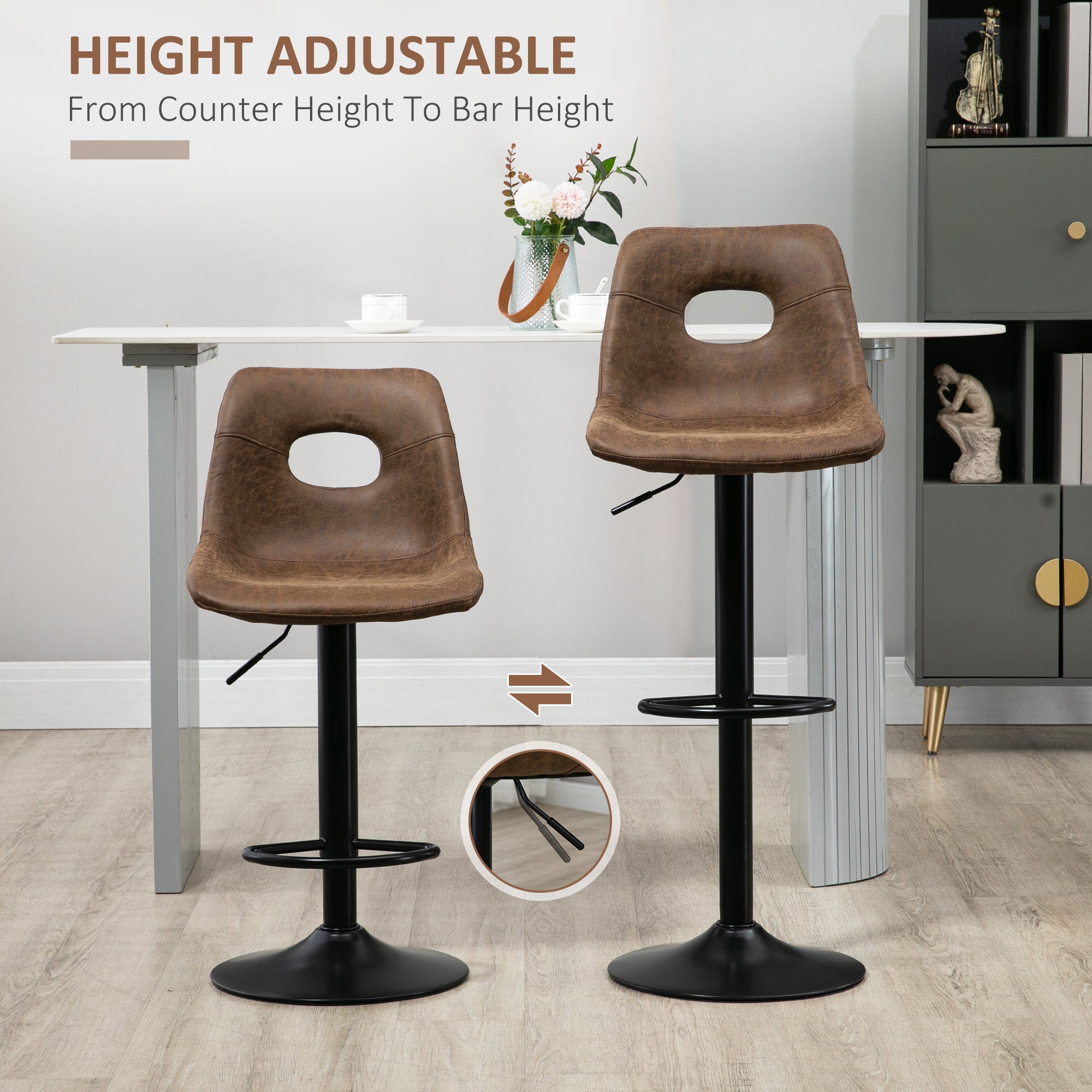 Set of 2 Bar stools With Backs,retro-look , faux leather, Adjustable Breakfast Dining Stools with Backrest, Footrest, Brown  AOSOM   