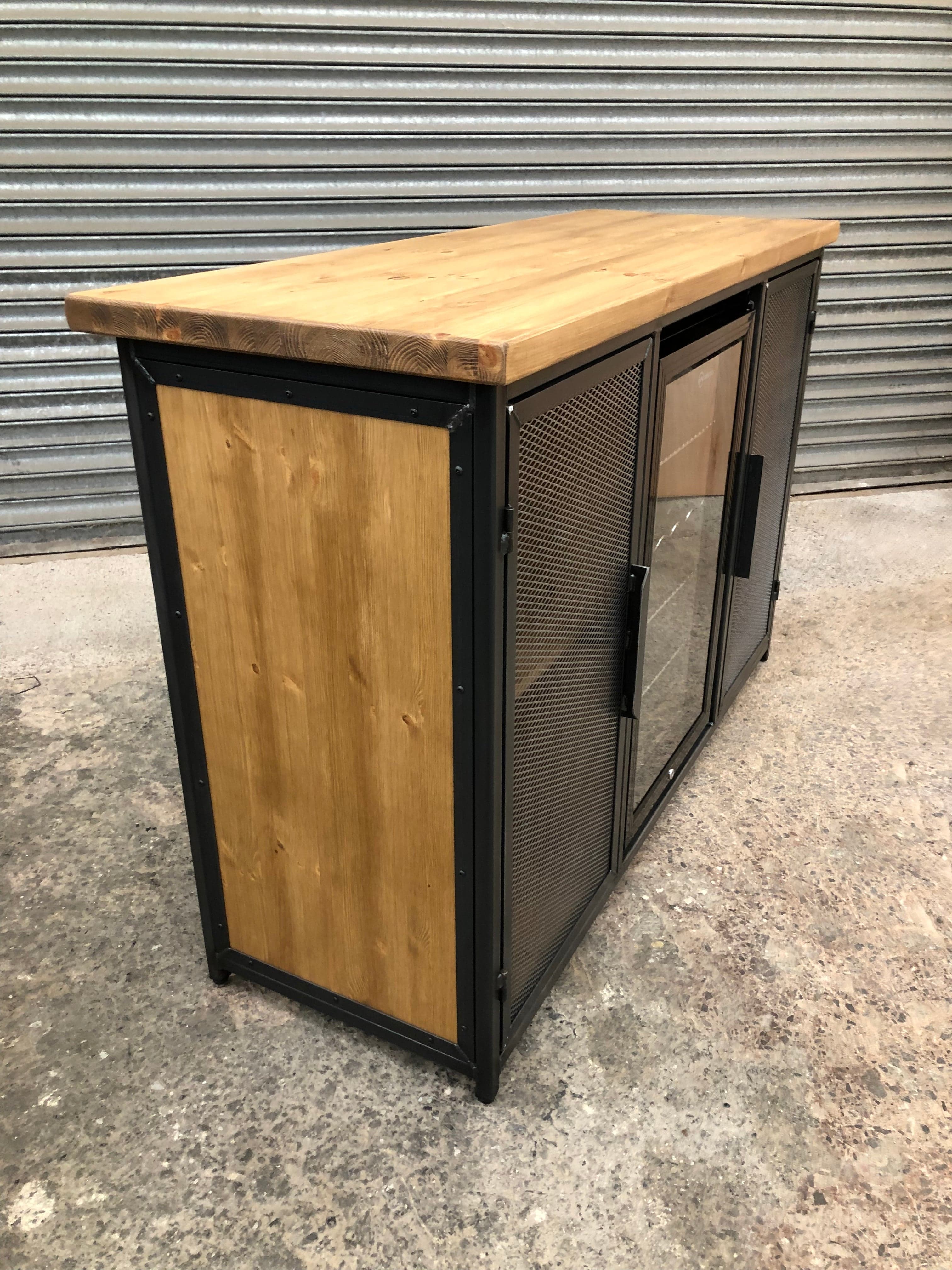 Industrial Style Home Bar Drinks Cabinet With Wooden Side Paneling And Drinks Fridge  RSD Furniture   