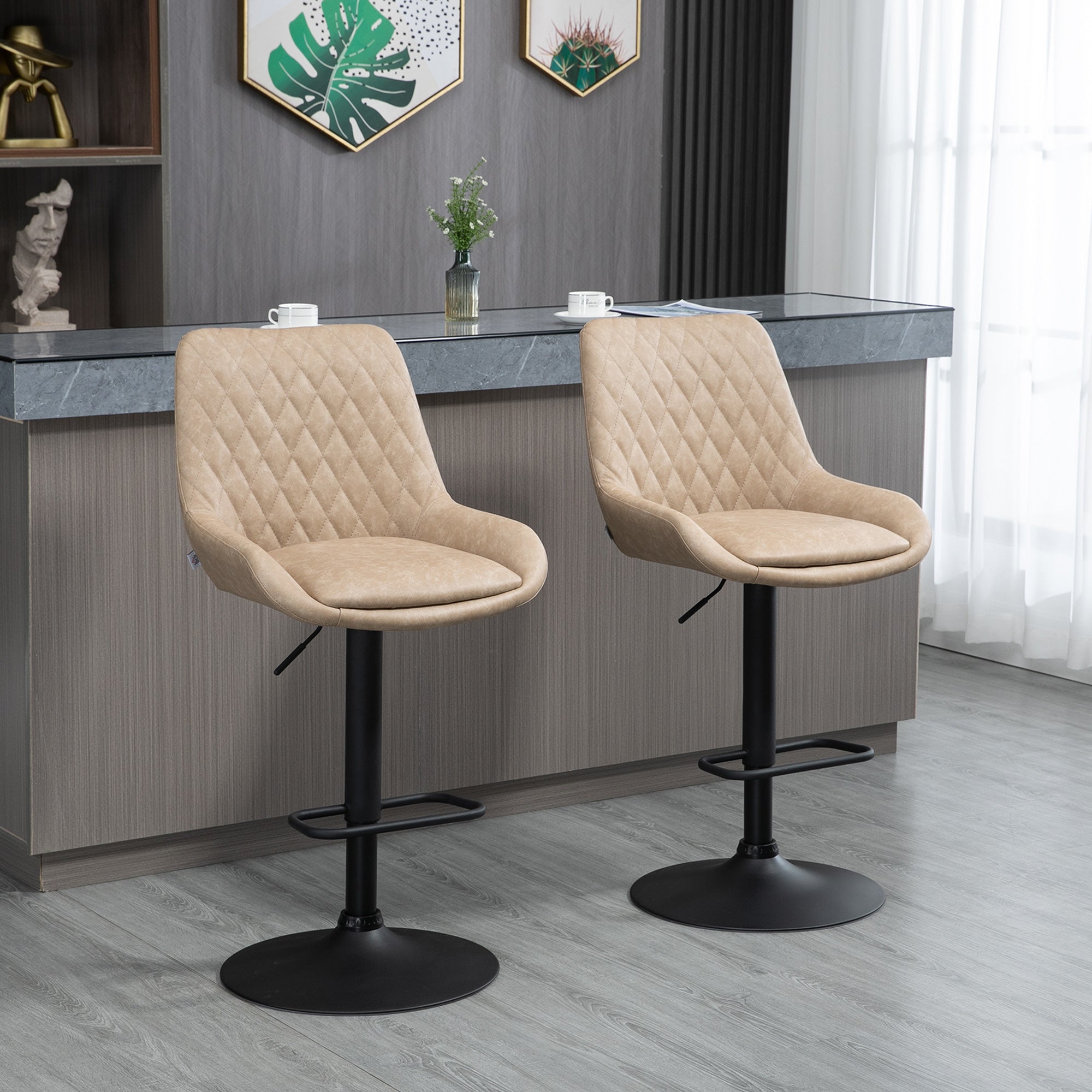 Retro Bar Stools Set of 2, Adjustable Kitchen Stool, Upholstered Bar Chairs with Back, Swivel Seat, Light Khaki  AOSOM   