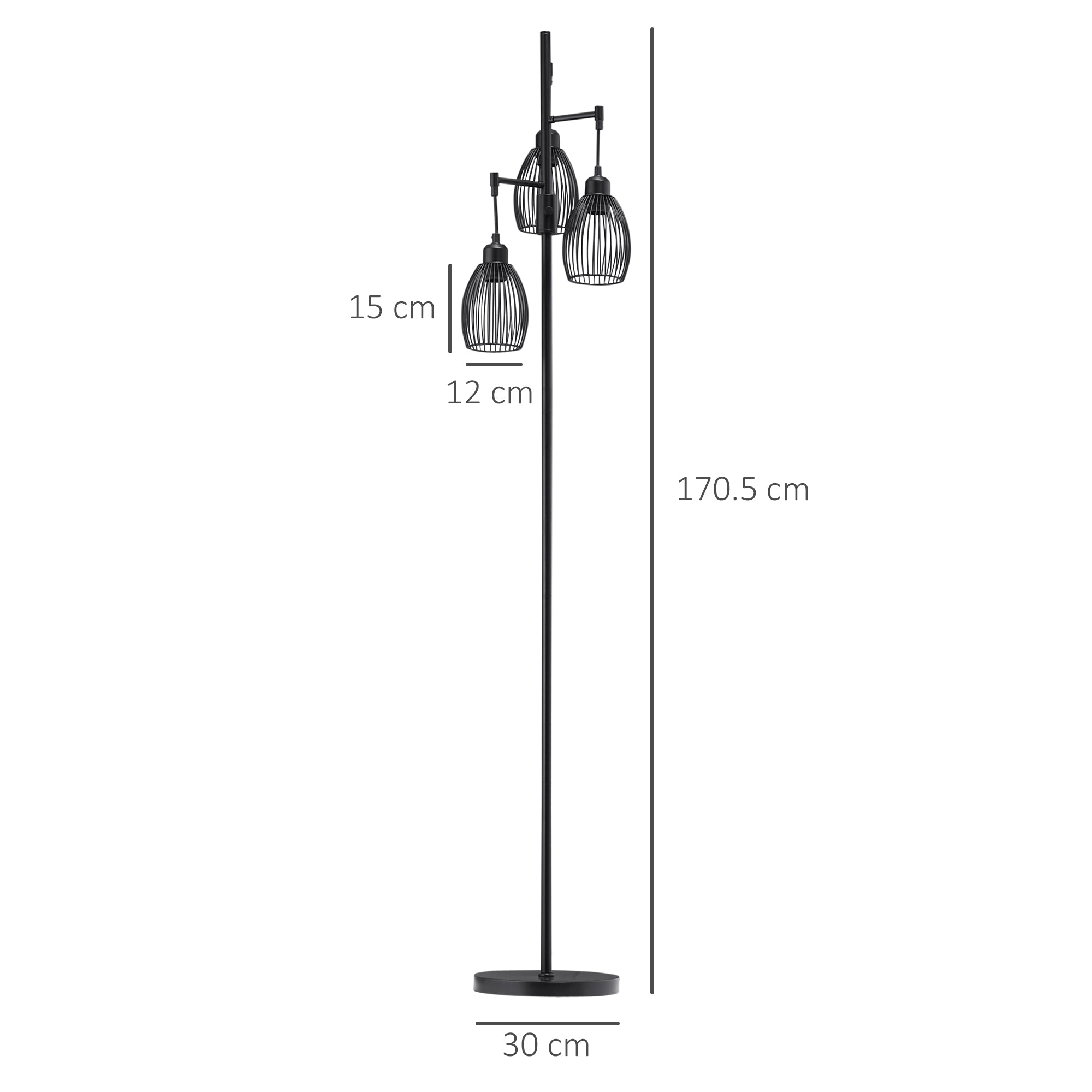 Industrial 3-Light Floor Lamp, Dimmable Standing Lamp with Metal lampshades for Living Room, Bedroom, Dinging Room, Study, Black  AOSOM   