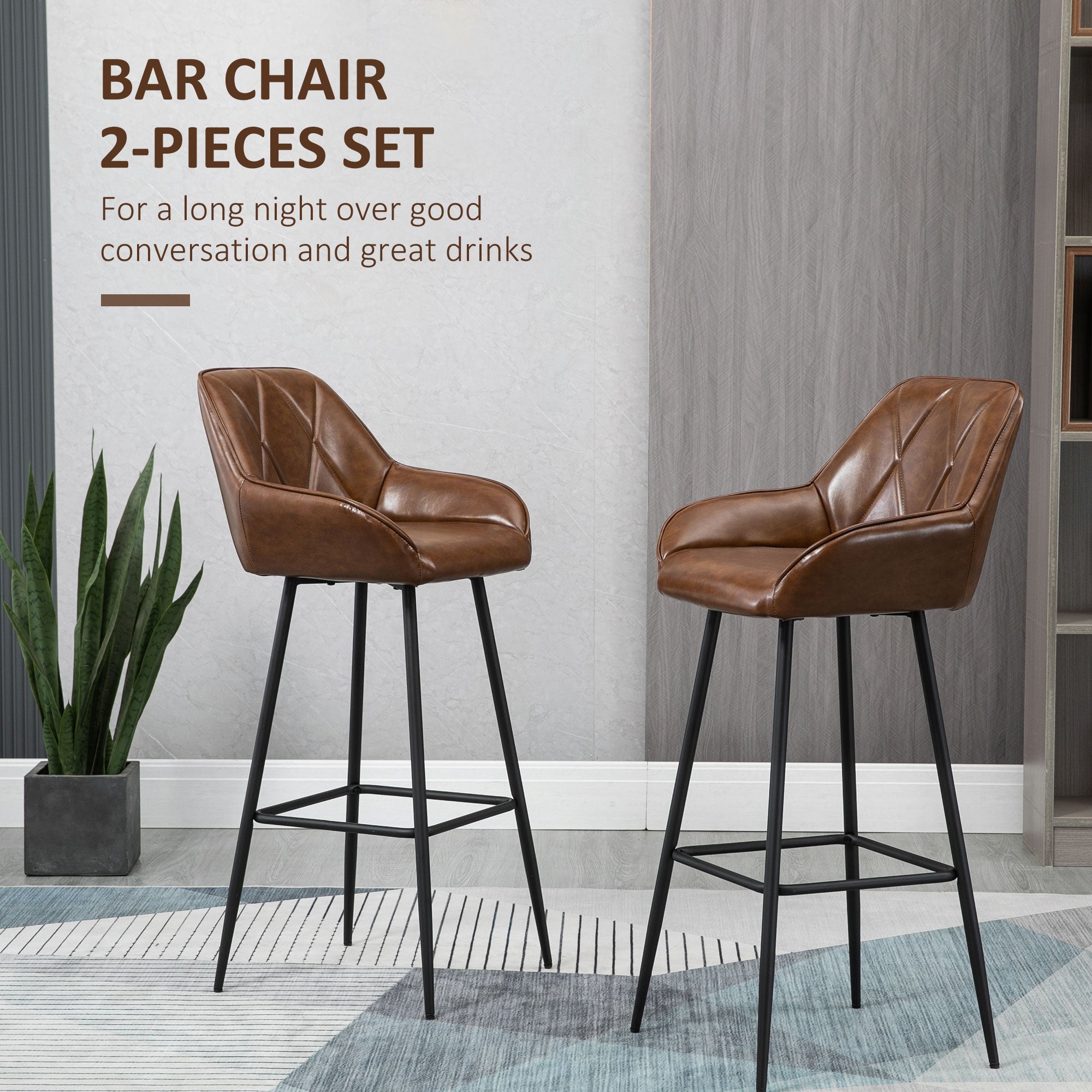 Retro Bar Stools Set of 2, Breakfast Bar Chairs with Footrest, Kitchen Stools with Backs and Steel Legs, for Dining Area and Home Bar, Brown  AOSOM   