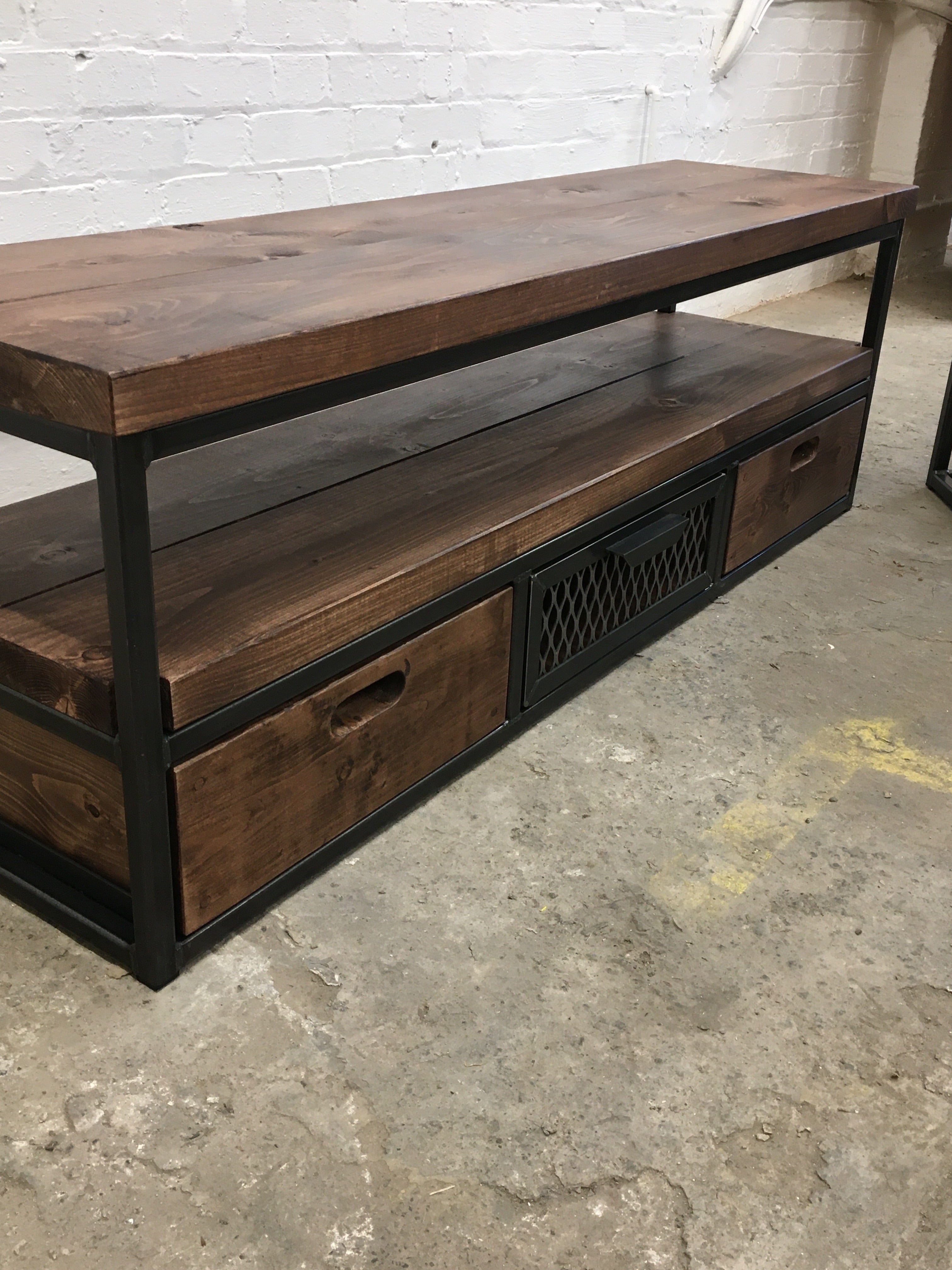 Rustic & Industrial TV Unit Stand with drawers Rustic sofa tables C shaped RSD Furniture   