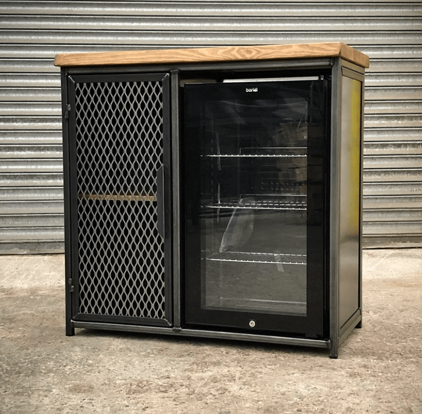 Small Industrial Style Home Bar Drinks Cabinet with Beer Fridge  RSD Furniture   