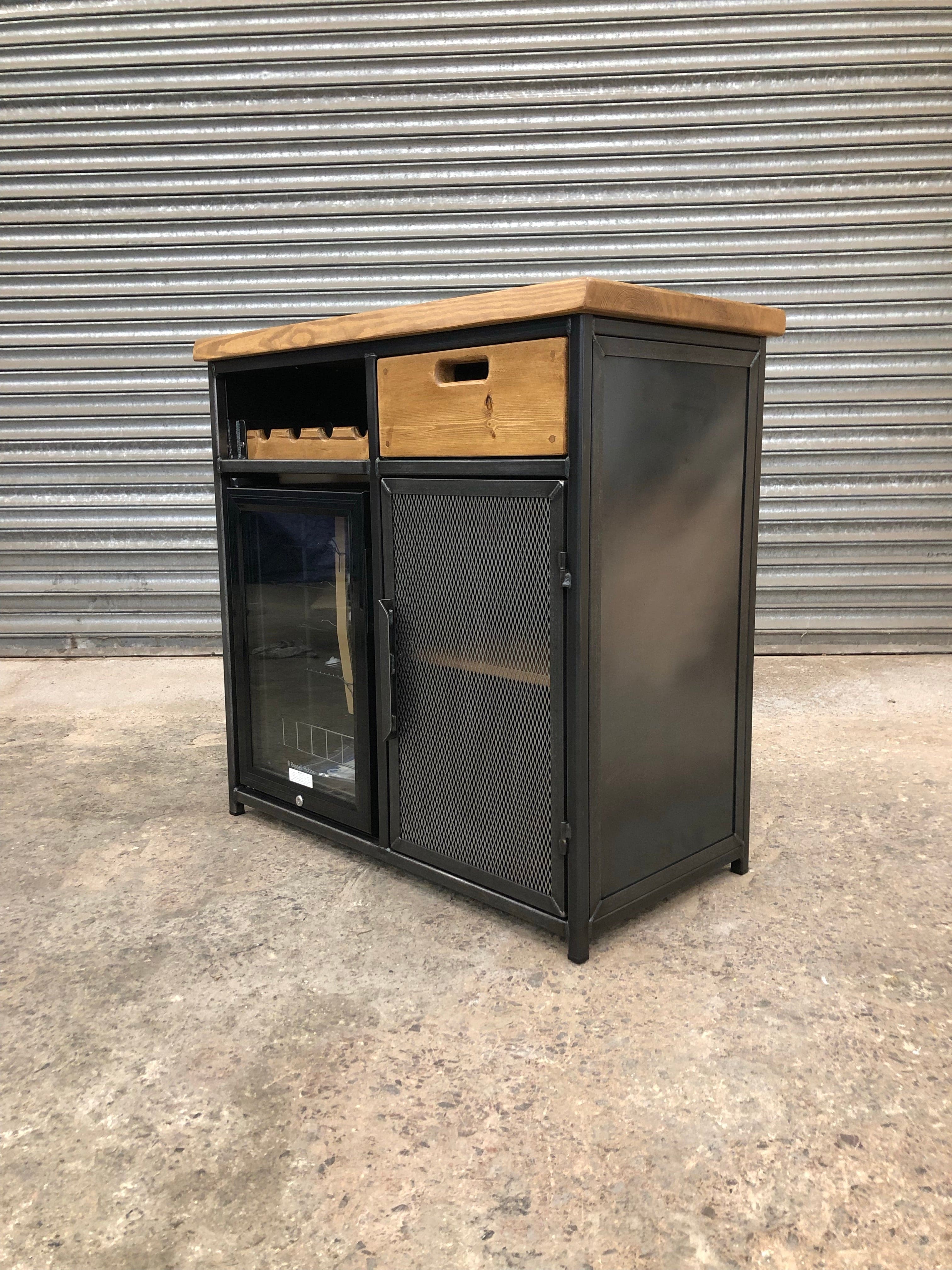 Modern Industrial Home Bar Drinks Cabinet with Built-In Fridge, Wine Rack and Drawer  RSD Furniture   