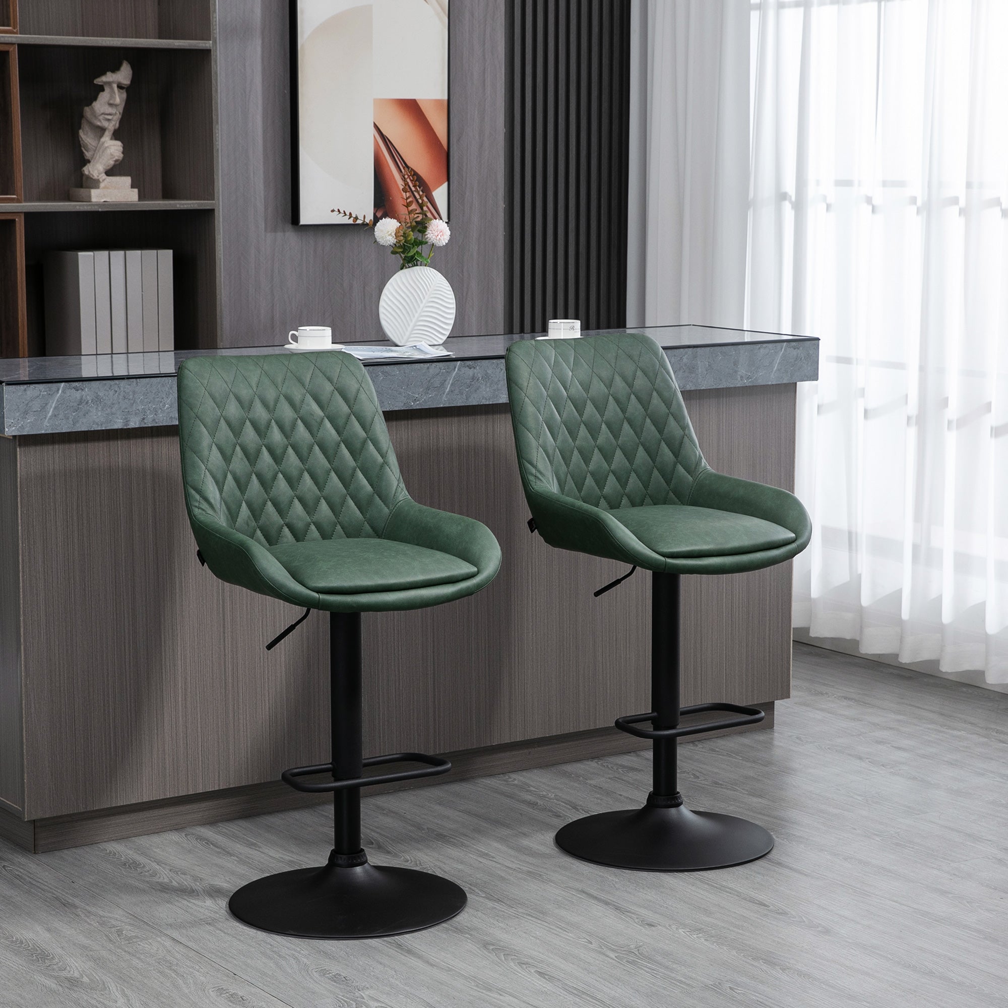 Retro Bar Stools Set of 2, Adjustable Kitchen Stool, Upholstered Bar Chairs with Back, Swivel Seat, Green  AOSOM   