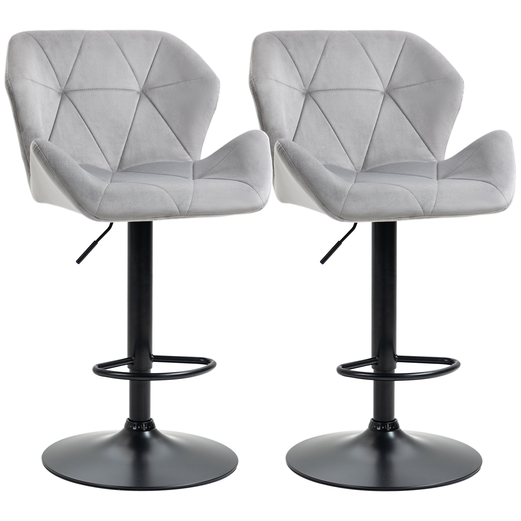 Set Of 2 Bar stools With Backs , Velvet-Touch Barstools w/ Metal Frame Footrest Triangle Indenting Moulded Seat Adjustable Height Swivel Grey  AOSOM   